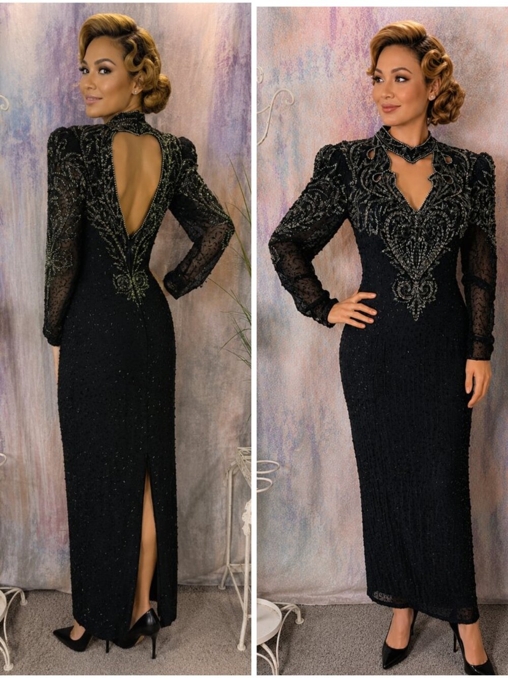 VTG📌Alyce Designs Dramatic 80s Plunging Cutout Effect Beaded Formal -Gala Gown
